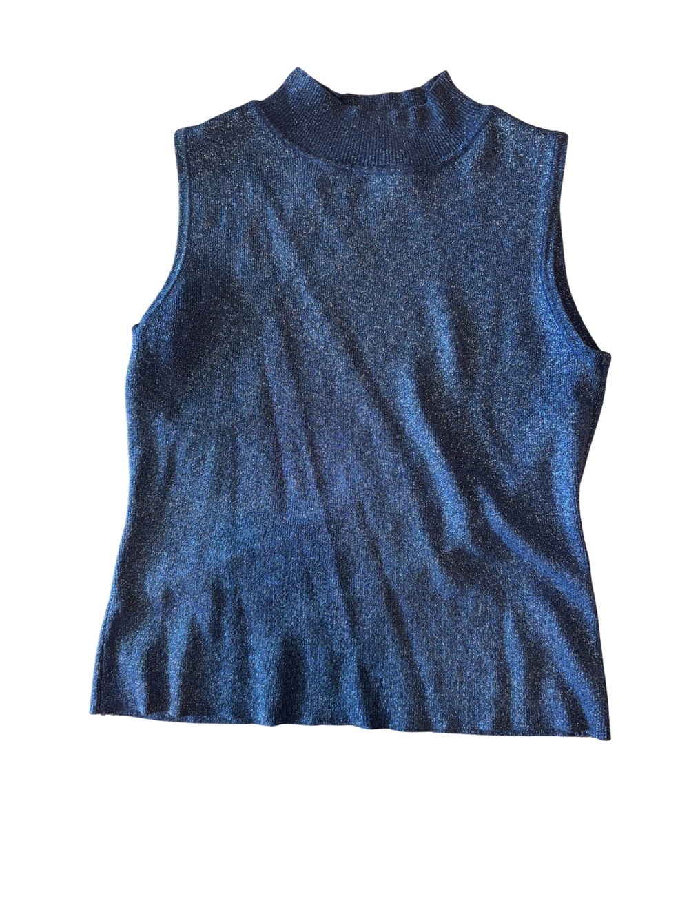 Mock Neck Metallic Knit Tank Top in Deep Blue